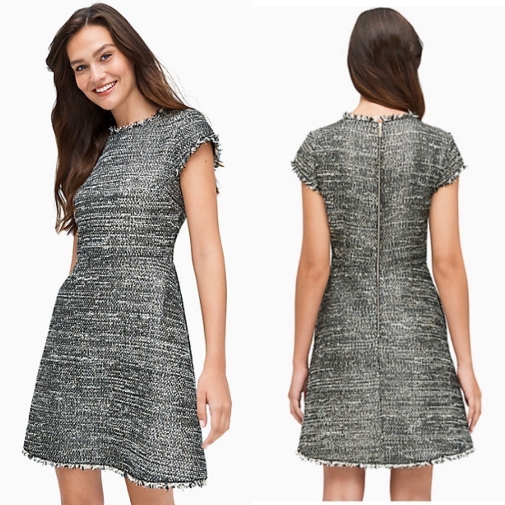 NWT Kate Spade Size 0 Party Tweed Dress Gray Gold Short Sleeves A-line $429